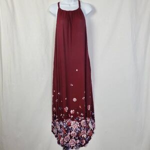 Maurices 24/7 Comfort Apparel Burgundy Floral Hem High-Low Maxi Dress Women’s Si